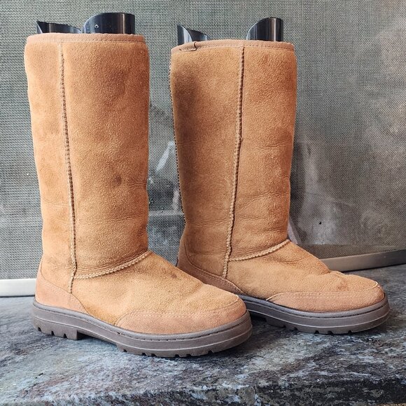 UGG Brown Suede Leather Ultra Tall Braided Back Boots Size 8 - Picture 4 of 16